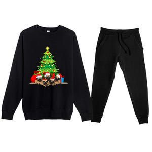 Festive Pug Dog Christmas Pajama with Xmas Tree Lights Premium Crewneck Sweatsuit Set