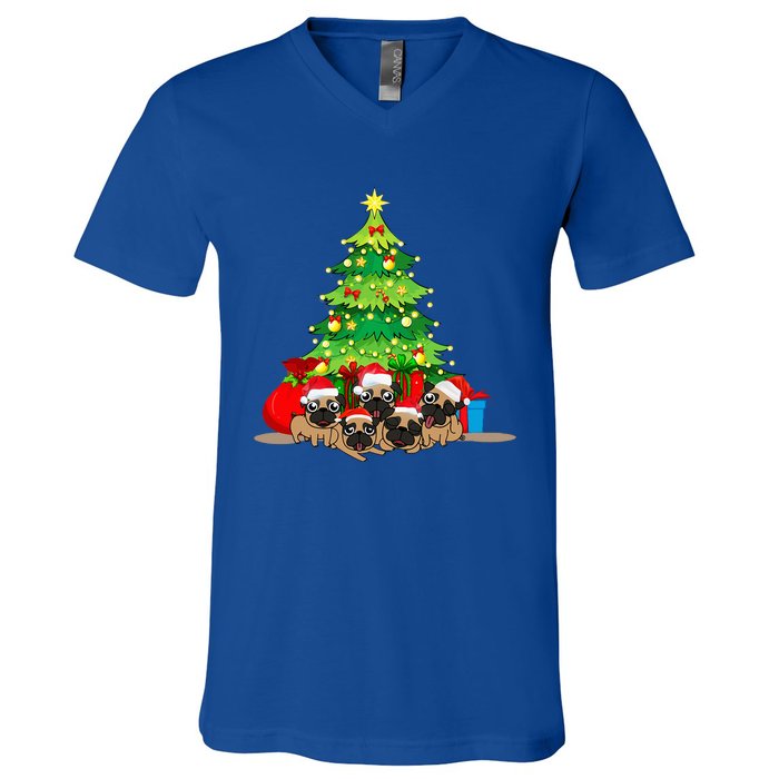 Festive Pug Dog Christmas Pajama with Xmas Tree Lights V-Neck T-Shirt