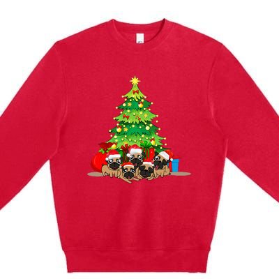 Festive Pug Dog Christmas Pajama with Xmas Tree Lights Premium Crewneck Sweatshirt