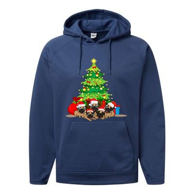 Festive Pug Dog Christmas Pajama with Xmas Tree Lights Performance Fleece Hoodie