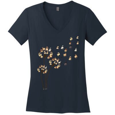 Flower Pug Dogs Dandelion Funny Animal Lovers Tees Women Women's V-Neck T-Shirt