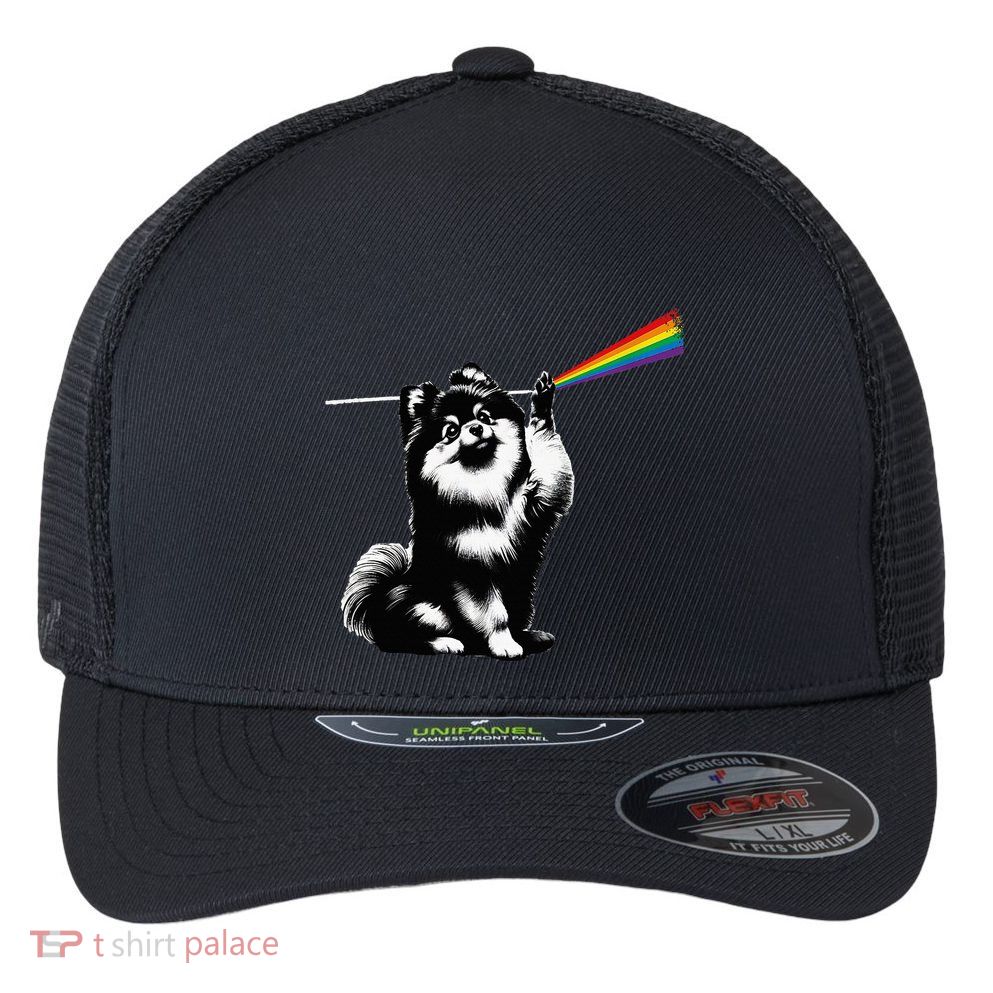 Funny Pomeranian Dog Rock Music Rainbow Fun Dark Side Moon Flexfit Unipanel Trucker Cap