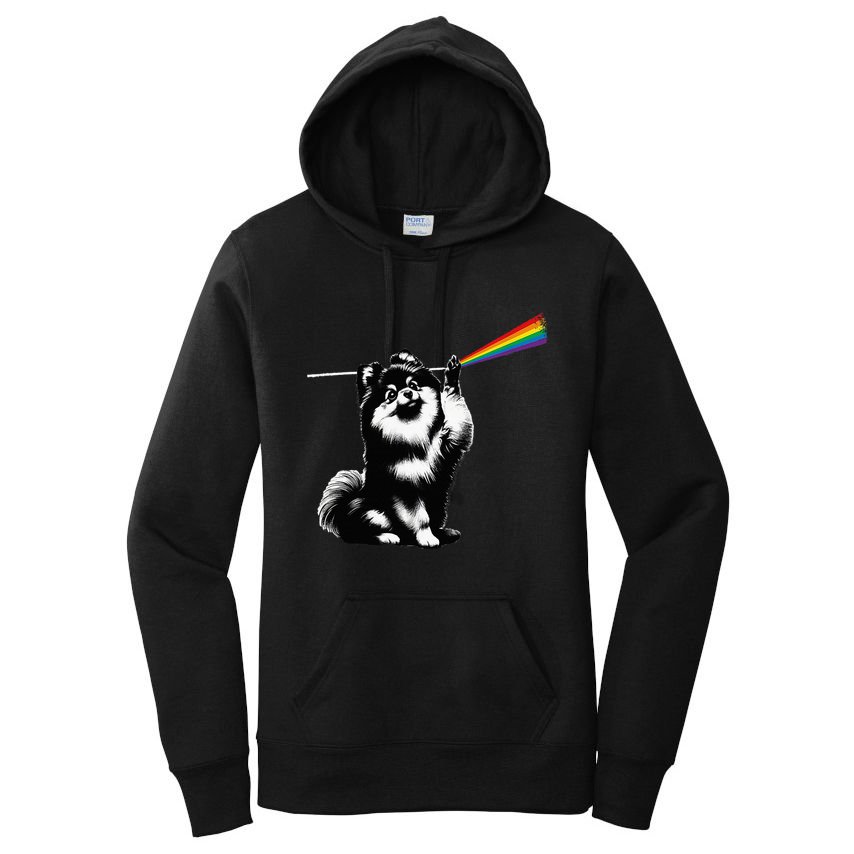Funny Pomeranian Dog Rock Music Rainbow Fun Dark Side Moon Women's Pullover Hoodie