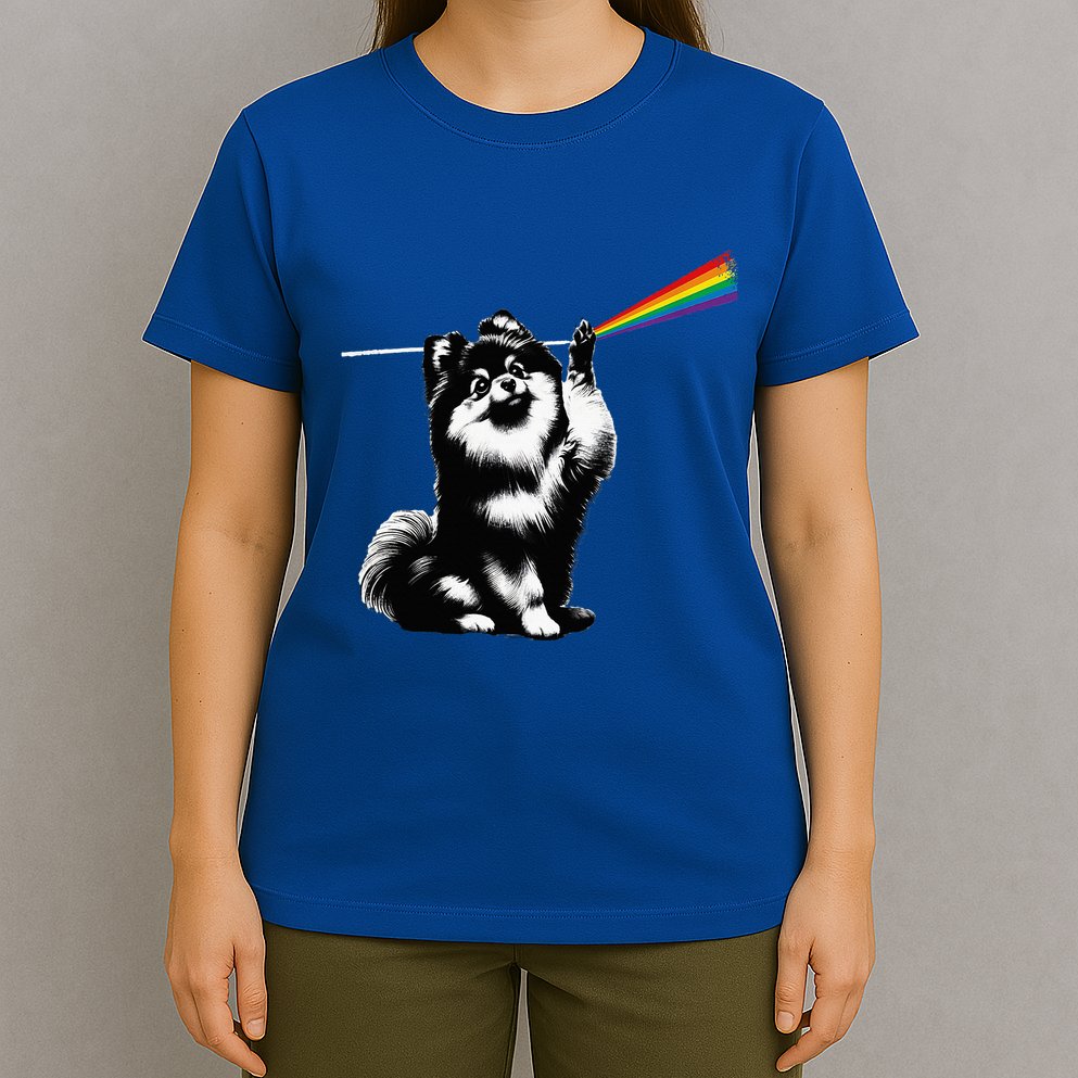 Funny Pomeranian Dog Rock Music Rainbow Fun Dark Side Moon T-Shirt