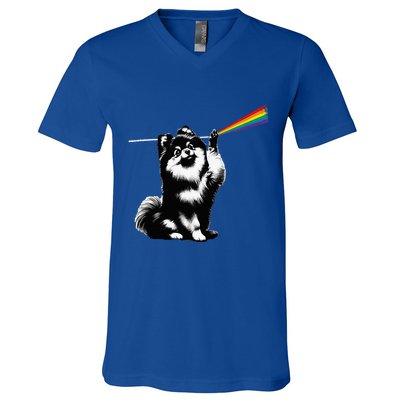 Funny Pomeranian Dog Rock Music Rainbow Fun Dark Side Moon V-Neck T-Shirt