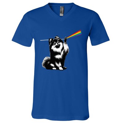 Funny Pomeranian Dog Rock Music Rainbow Fun Dark Side Moon V-Neck T-Shirt