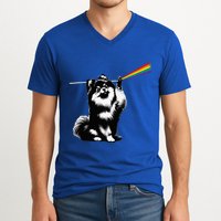 Funny Pomeranian Dog Rock Music Rainbow Fun Dark Side Moon V-Neck T-Shirt