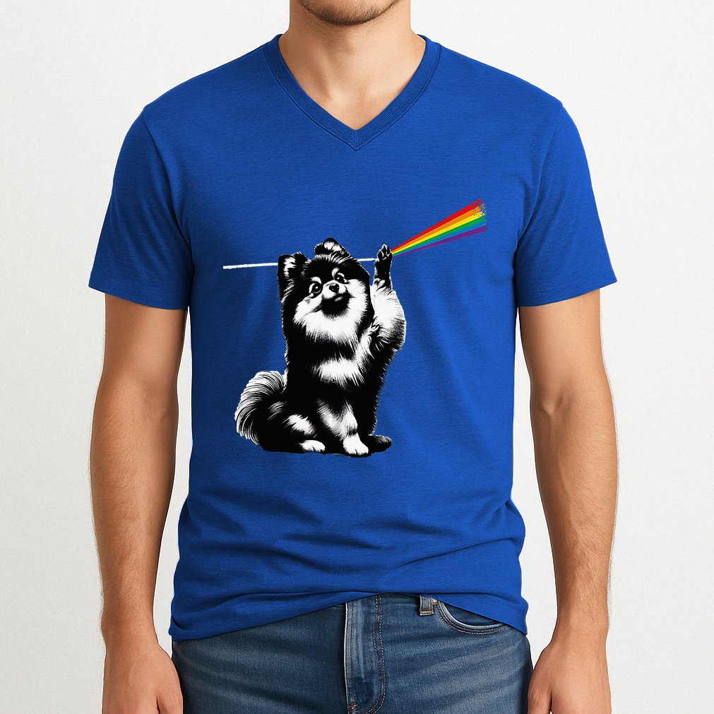 Funny Pomeranian Dog Rock Music Rainbow Fun Dark Side Moon V-Neck T-Shirt