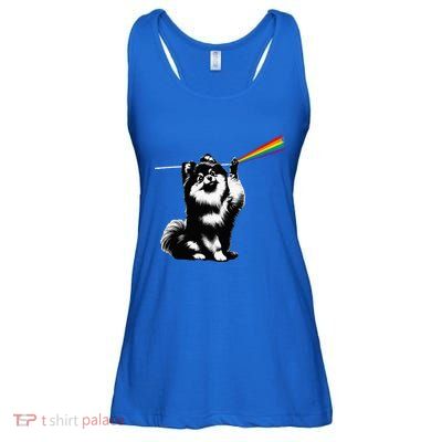 Funny Pomeranian Dog Rock Music Rainbow Fun Dark Side Moon Ladies Essential Flowy Tank