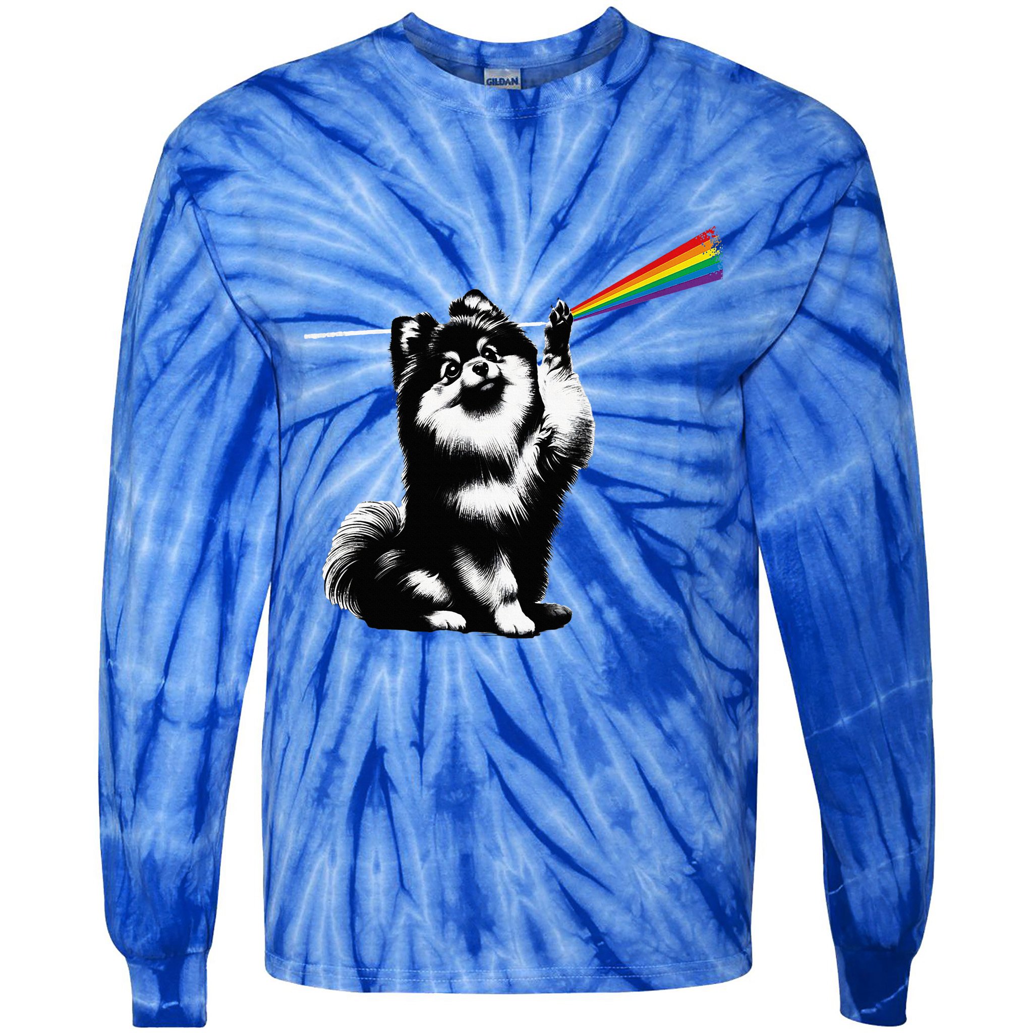 Funny Pomeranian Dog Rock Music Rainbow Fun Dark Side Moon Tie-Dye Long Sleeve Shirt