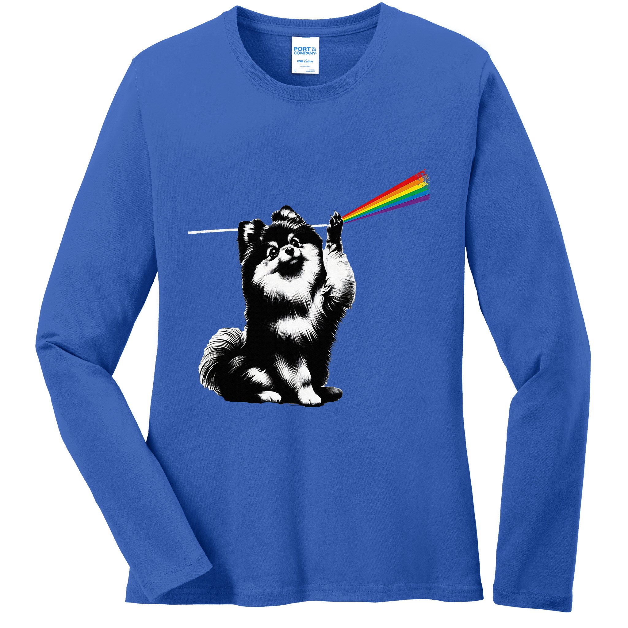 Funny Pomeranian Dog Rock Music Rainbow Fun Dark Side Moon Ladies Long Sleeve Shirt
