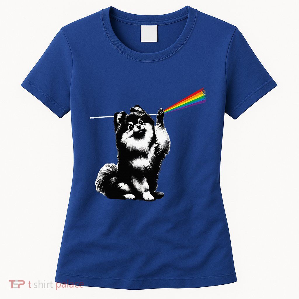 Funny Pomeranian Dog Rock Music Rainbow Fun Dark Side Moon Womens T-Shirt