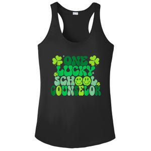 Funny Patrick's Day, Groovy Teacher One Lucky School Counselor Ladies PosiCharge Competitor Racerback Tank