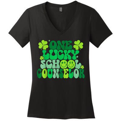 Funny Patrick's Day, Groovy Teacher One Lucky School Counselor Women's V-Neck T-Shirt