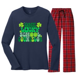 Funny Patrick's Day, Groovy Teacher One Lucky School Counselor Women's Long Sleeve Flannel Pajama Set 