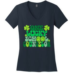 Funny Patrick's Day, Groovy Teacher One Lucky School Counselor Women's V-Neck T-Shirt