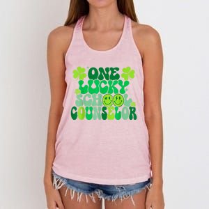 Funny Patrick's Day, Groovy Teacher One Lucky School Counselor Women's Knotted Racerback Tank