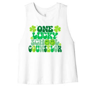 Funny Patrick's Day, Groovy Teacher One Lucky School Counselor Women's Racerback Cropped Tank