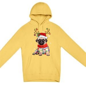 Funny Pug Dog Christmas Reindeer Santa Hat Xmas Light Pajama Gift Premium Pullover Hoodie