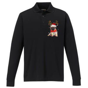 Funny Pug Dog Christmas Reindeer Santa Hat Xmas Light Pajama Gift Performance Long Sleeve Polo