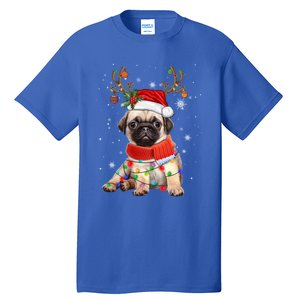 Funny Pug Dog Christmas Reindeer Santa Hat Xmas Light Pajama Gift Tall T-Shirt