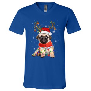 Funny Pug Dog Christmas Reindeer Santa Hat Xmas Light Pajama Gift V-Neck T-Shirt