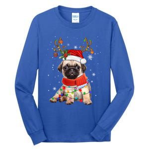 Funny Pug Dog Christmas Reindeer Santa Hat Xmas Light Pajama Gift Tall Long Sleeve T-Shirt