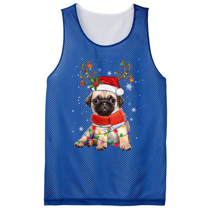 Funny Pug Dog Christmas Reindeer Santa Hat Xmas Light Pajama Gift Mesh Reversible Basketball Jersey Tank