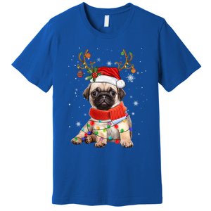 Funny Pug Dog Christmas Reindeer Santa Hat Xmas Light Pajama Gift Premium T-Shirt