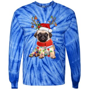 Funny Pug Dog Christmas Reindeer Santa Hat Xmas Light Pajama Gift Tie-Dye Long Sleeve Shirt