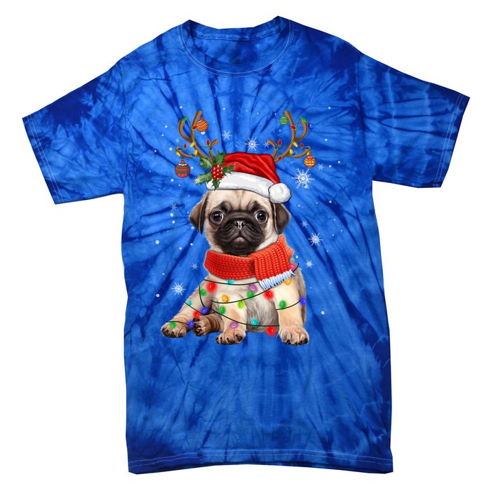 Funny Pug Dog Christmas Reindeer Santa Hat Xmas Light Pajama Gift Tie-Dye T-Shirt