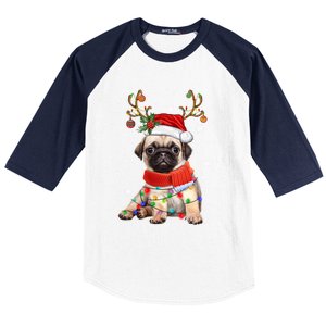 Funny Pug Dog Christmas Reindeer Santa Hat Xmas Light Pajama Gift Baseball Sleeve Shirt