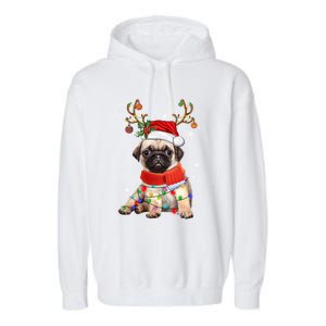 Funny Pug Dog Christmas Reindeer Santa Hat Xmas Light Pajama Gift Garment-Dyed Fleece Hoodie