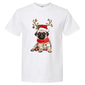 Funny Pug Dog Christmas Reindeer Santa Hat Xmas Light Pajama Gift Garment-Dyed Heavyweight T-Shirt