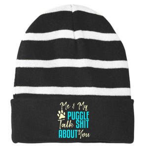 Funny Puggle Dog Pug Beagle Mom Dad Gift Idea Striped Beanie with Solid Band