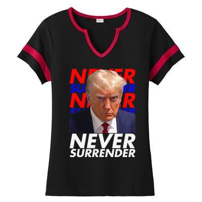 Funny President Donald Trump 2024 Never Surrender Fingerprint USA Ladies Halftime Notch Neck Tee