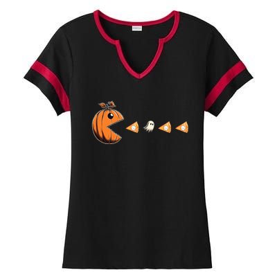 Funny Pumpkin Eating Ghost Pumpkin Pie Gamer Old Video Game Gift Ladies Halftime Notch Neck Tee