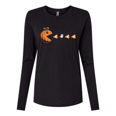 Funny Pumpkin Eating Ghost Pumpkin Pie Gamer Old Video Game Gift Womens Cotton Relaxed Long Sleeve T-Shirt