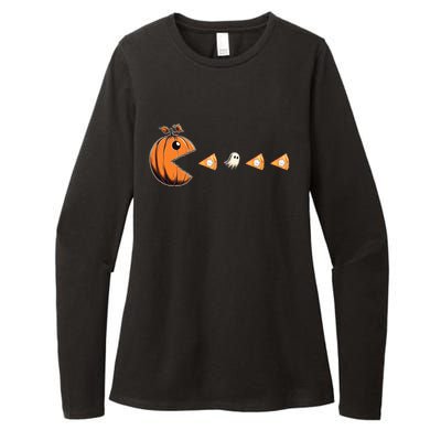 Funny Pumpkin Eating Ghost Pumpkin Pie Gamer Old Video Game Gift Womens CVC Long Sleeve Shirt