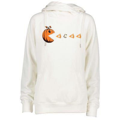 Funny Pumpkin Eating Ghost Pumpkin Pie Gamer Old Video Game Gift Womens Funnel Neck Pullover Hood