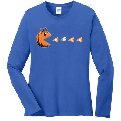 Funny Pumpkin Eating Ghost Pumpkin Pie Gamer Old Video Game Gift Ladies Long Sleeve Shirt