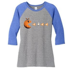 Funny Pumpkin Eating Ghost Pumpkin Pie Gamer Old Video Game Gift Women's Tri-Blend 3/4-Sleeve Raglan Shirt