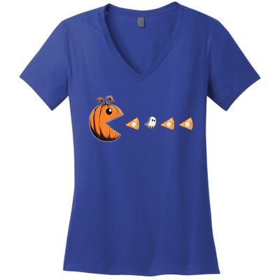 Funny Pumpkin Eating Ghost Pumpkin Pie Gamer Old Video Game Gift Women's V-Neck T-Shirt