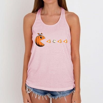 Funny Pumpkin Eating Ghost Pumpkin Pie Gamer Old Video Game Gift Women's Knotted Racerback Tank