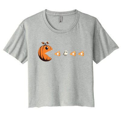 Funny Pumpkin Eating Ghost Pumpkin Pie Gamer Old Video Game Gift Women's Crop Top Tee