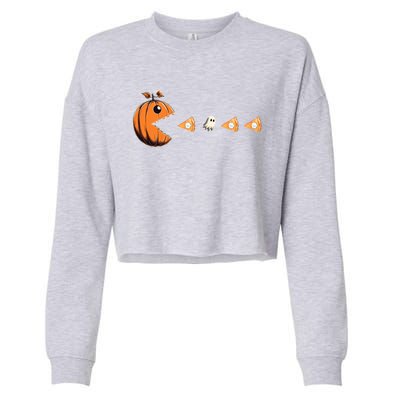 Funny Pumpkin Eating Ghost Pumpkin Pie Gamer Old Video Game Gift Cropped Pullover Crew