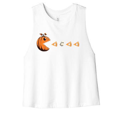 Funny Pumpkin Eating Ghost Pumpkin Pie Gamer Old Video Game Gift Women's Racerback Cropped Tank