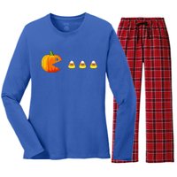 Funny Pumpkin Eating Candy Corn Halloween Women's Long Sleeve Flannel Pajama Set 