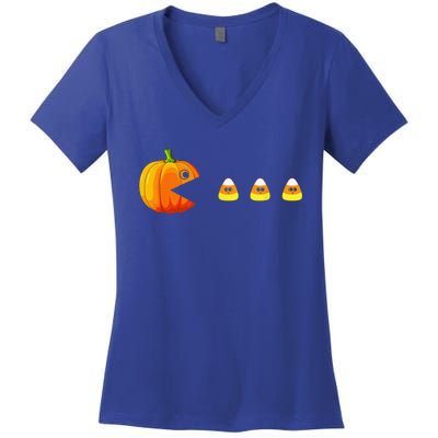 Funny Pumpkin Eating Candy Corn Halloween Women's V-Neck T-Shirt