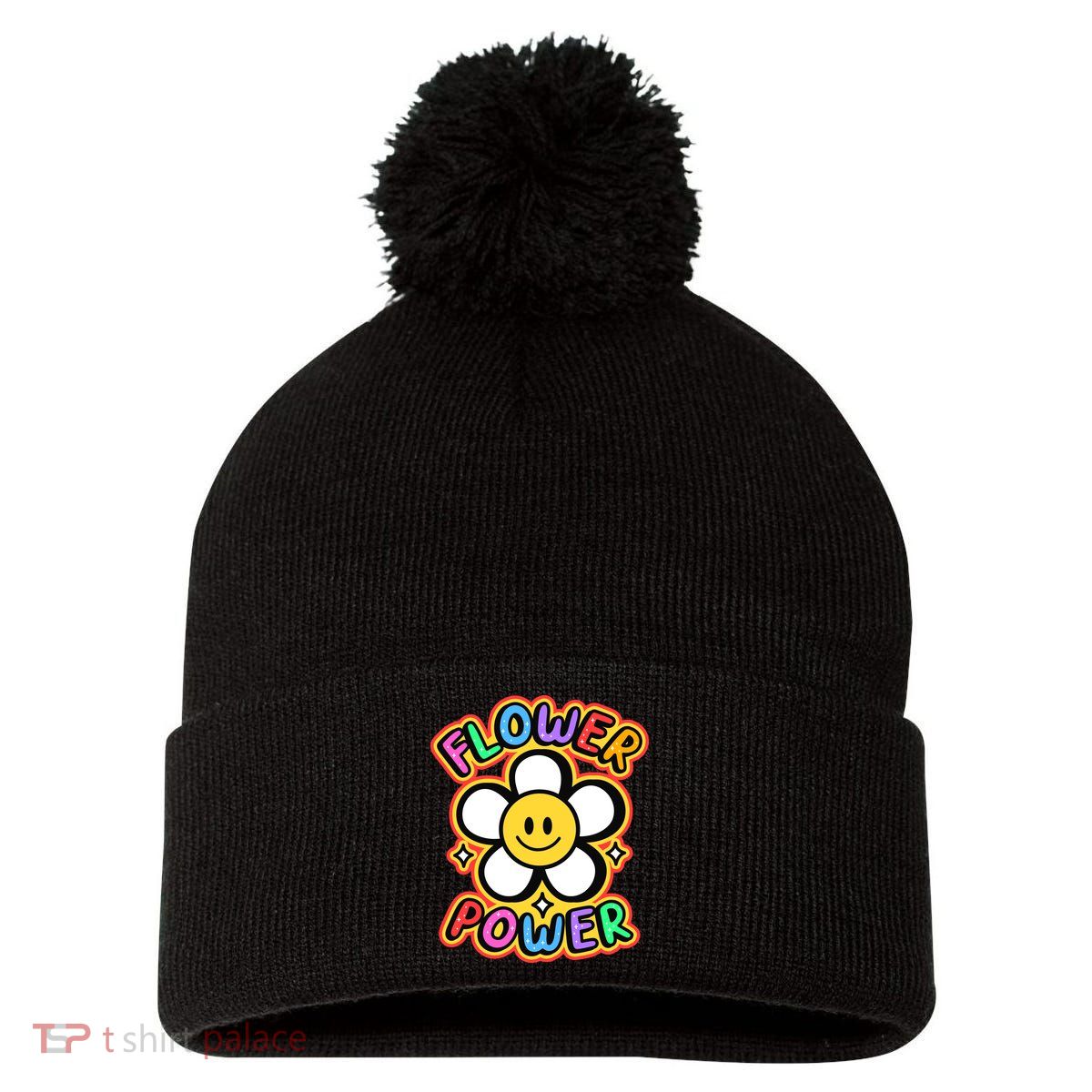 Flower Power Emoji Pom Pom 12in Knit Beanie